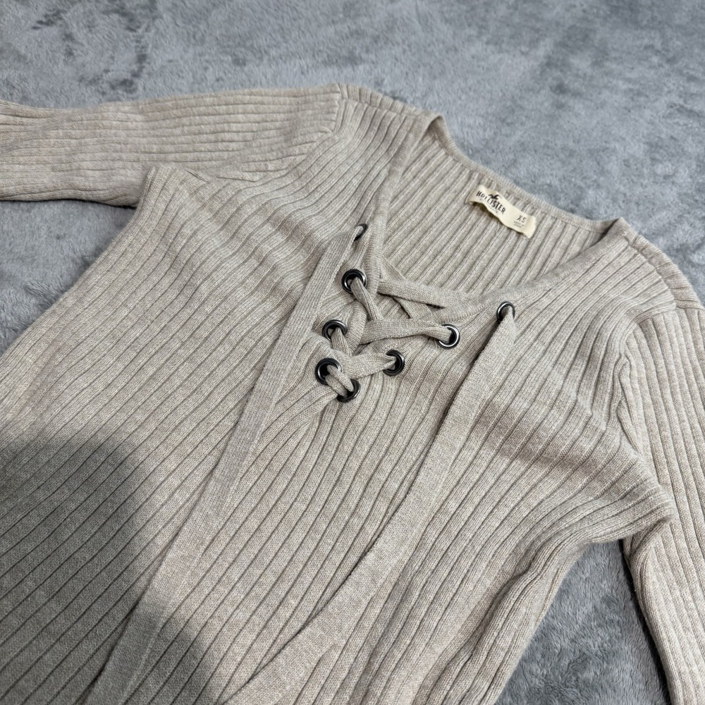 VTG Y2K Hollister Tie Front Ribbed Longsleeve Top Size XS Indie Western Casual - Picture 3 of 8